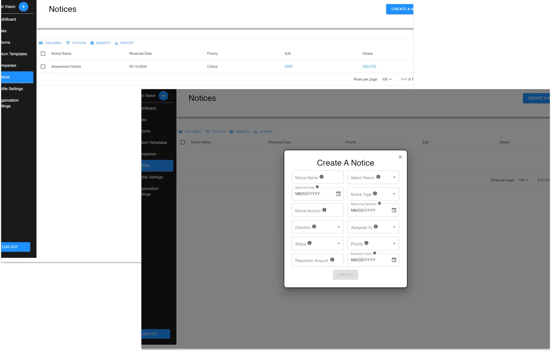 Notice tracking interface